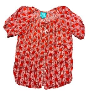 Escapada Large Red White Button Down 100% Rayon Short Sleeve Ladies Blouse